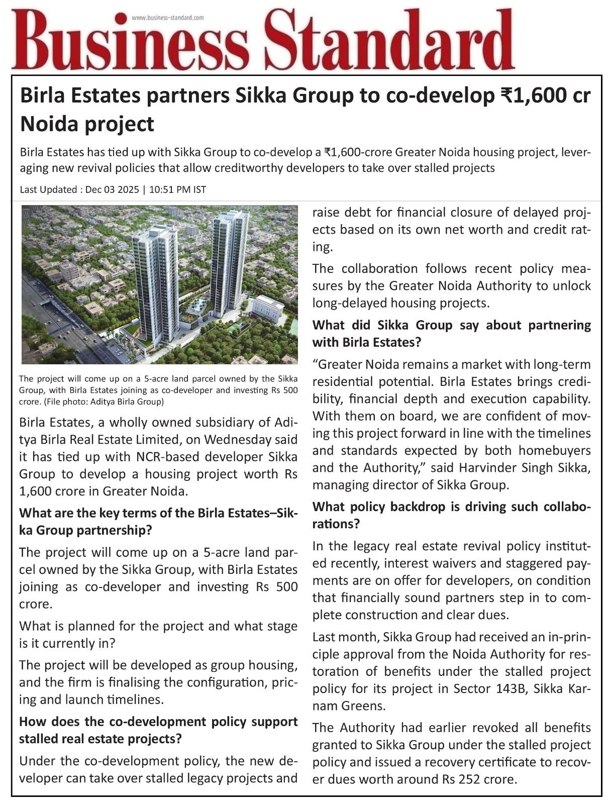 Birla Estate ties up with Sikka Group 3